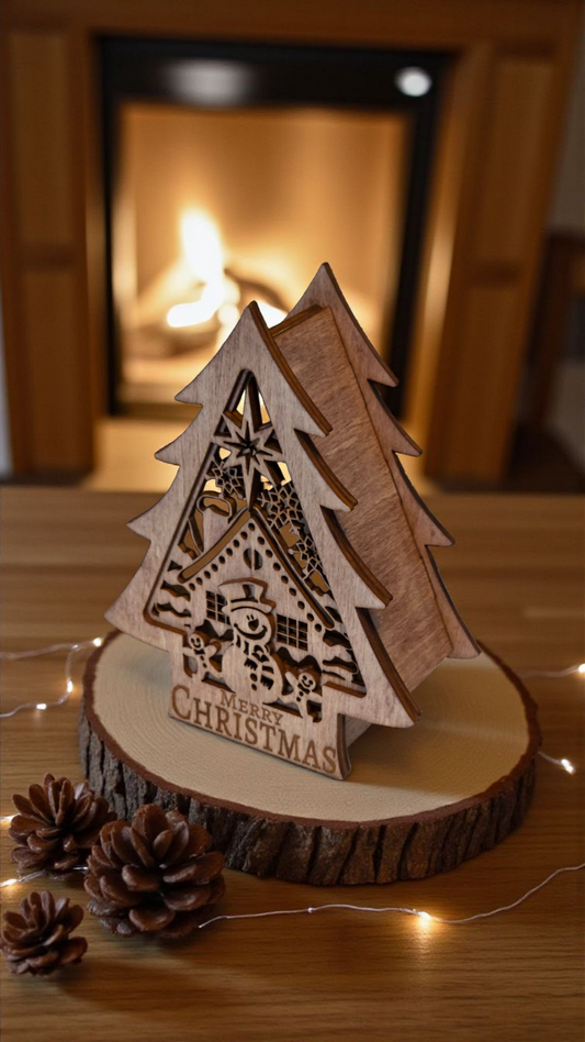 Snowman Glow Christmas Tree Candle Holder - Red Mahogany Stain