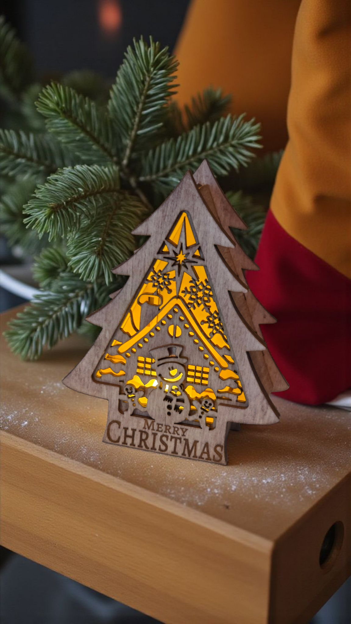 Snowman Glow Christmas Tree Candle Holder - Red Mahogany Stain