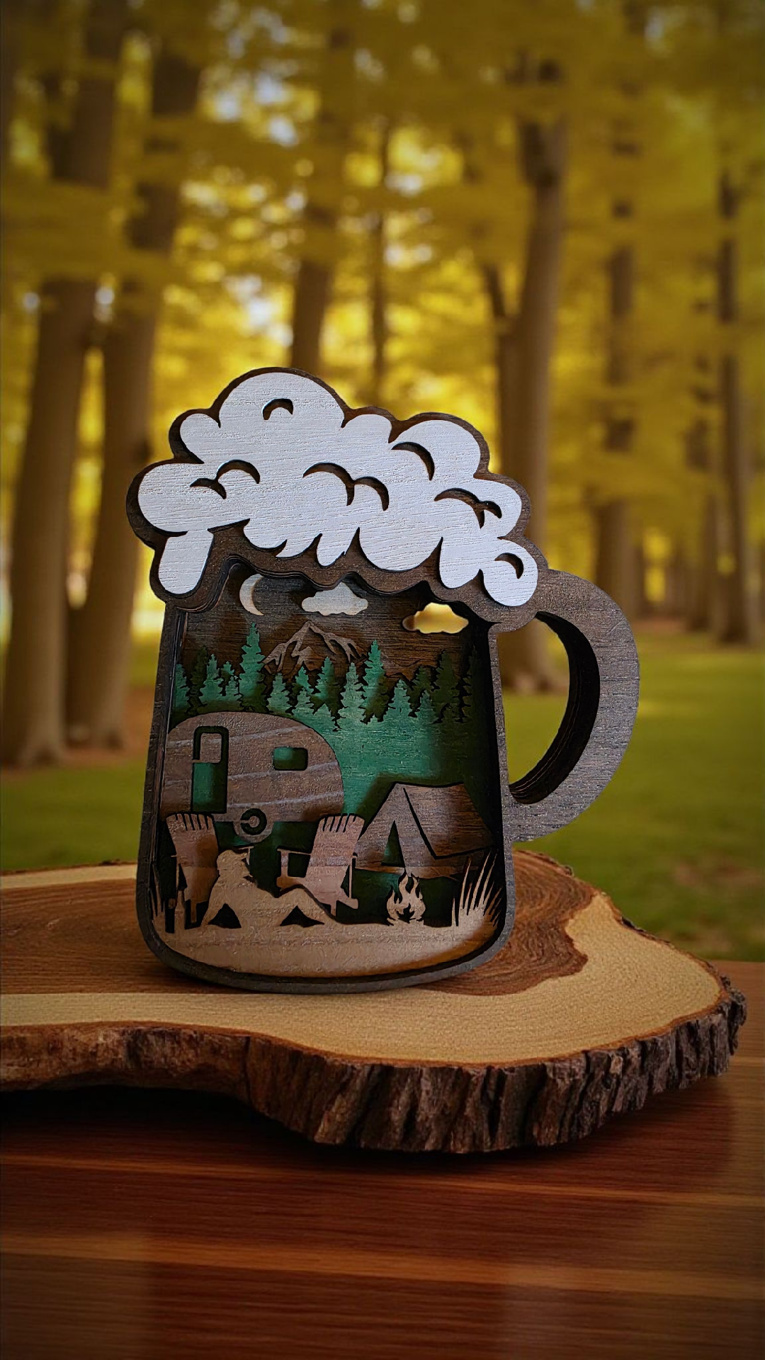 Foaming Memories: Multilayer Laser-Cut Beer Mug with Camping & Nature Scenes