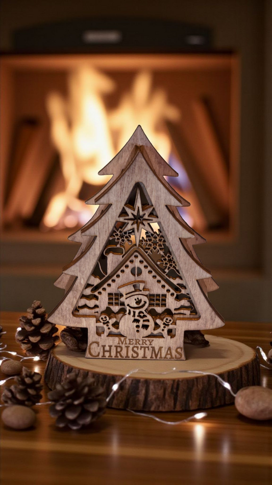 Snowman Glow Christmas Tree Candle Holder - Red Mahogany Stain