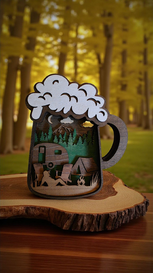 Foaming Memories: Multilayer Laser-Cut Beer Mug with Camping & Nature Scenes