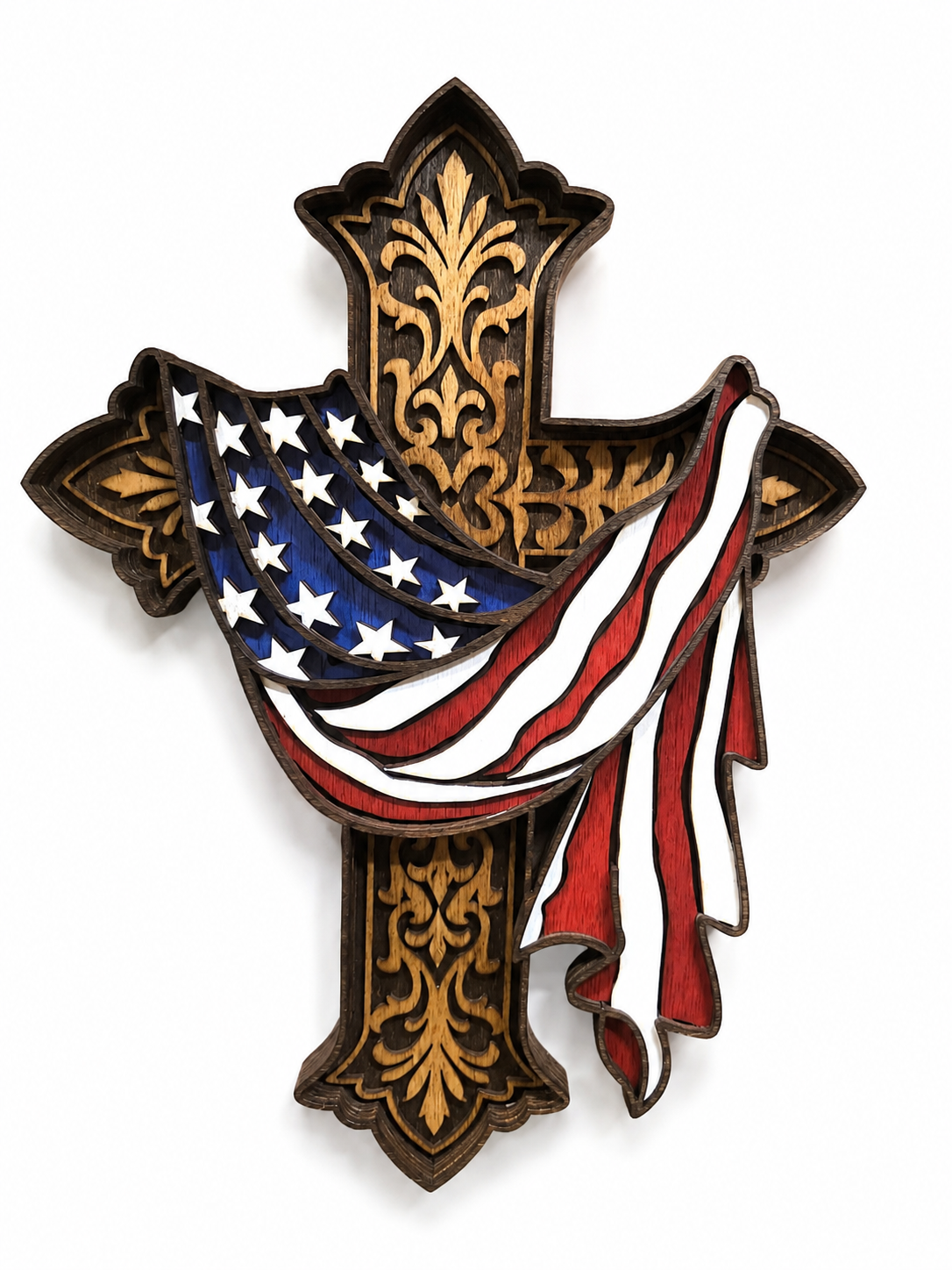 Draped American Flag Wooden Cross | 7-Layer Laser Cut Wall Art