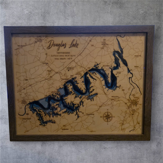 Douglas Lake 5-Layer Laser Cut & Engraved Map – 11x14 Framed Art